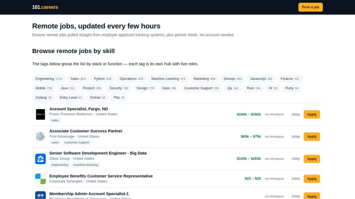 101 Careers website screenshot