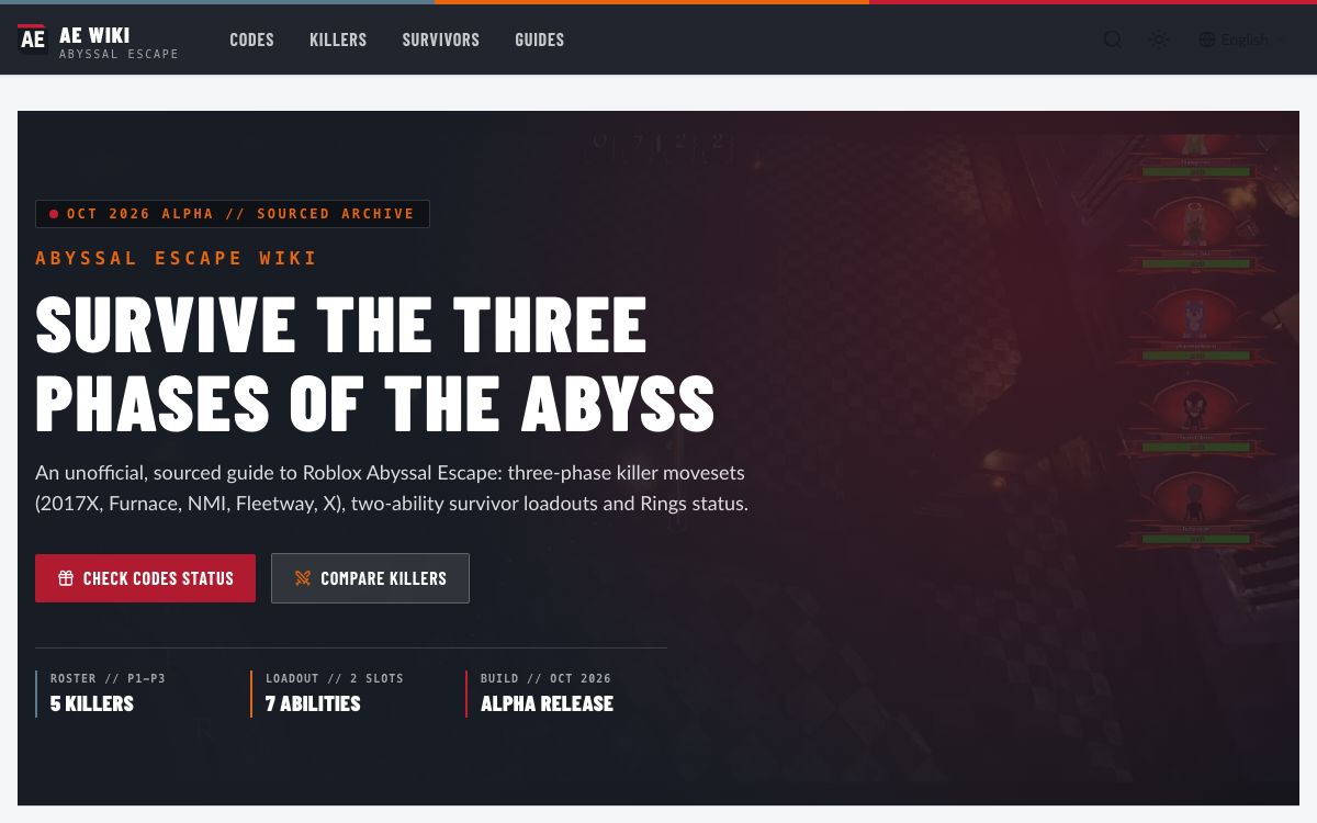 Abyssal Escape Wiki - Codes, Killers &amp; Survivor Guides website screenshot