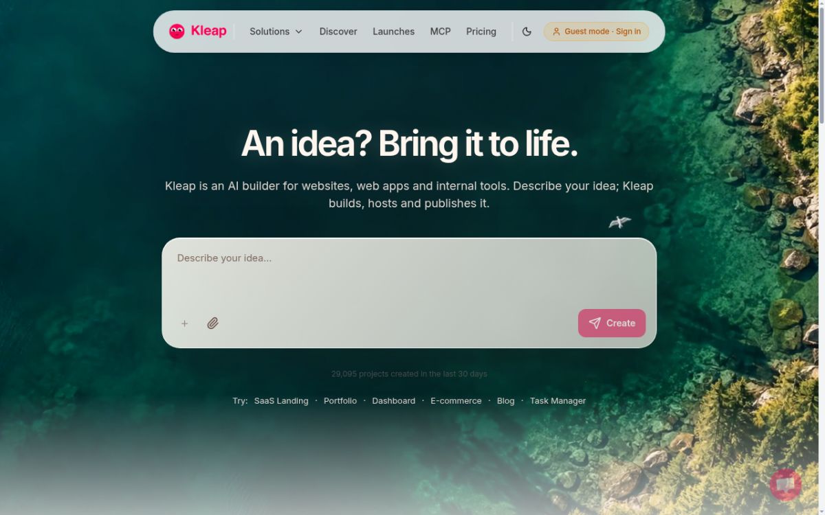 AI Builder for Apps, Tools, Sites &amp; More | Kleap website screenshot