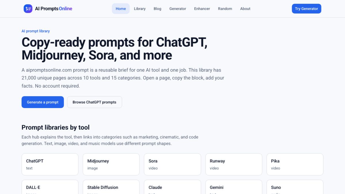AI Prompts Online website screenshot
