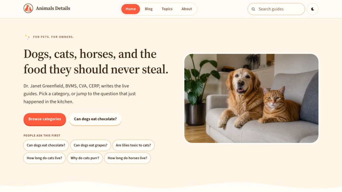 Animals Details website screenshot