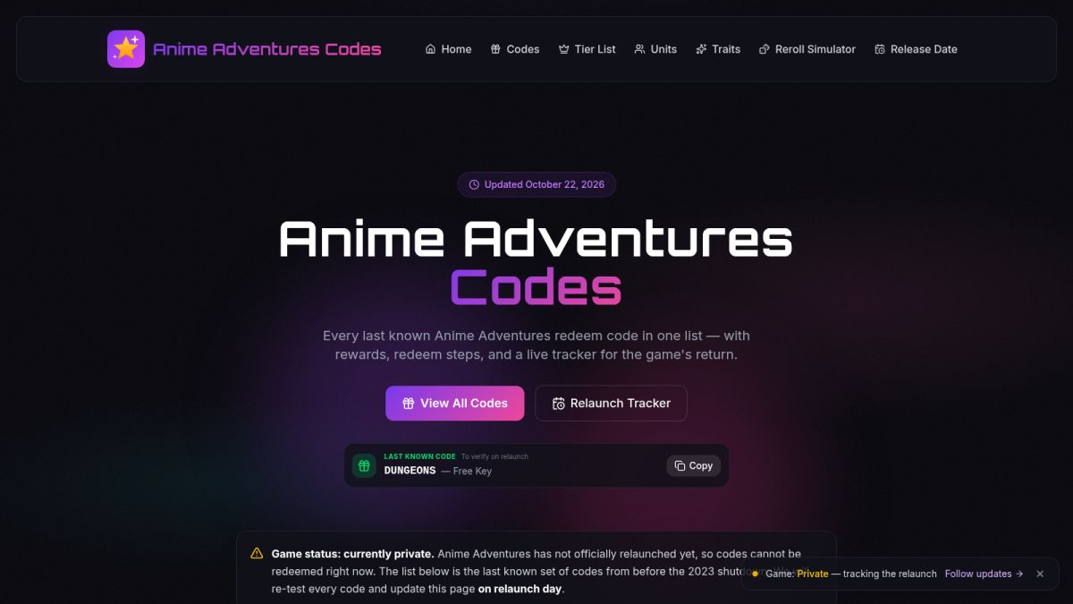 Anime Adventures Codes website screenshot