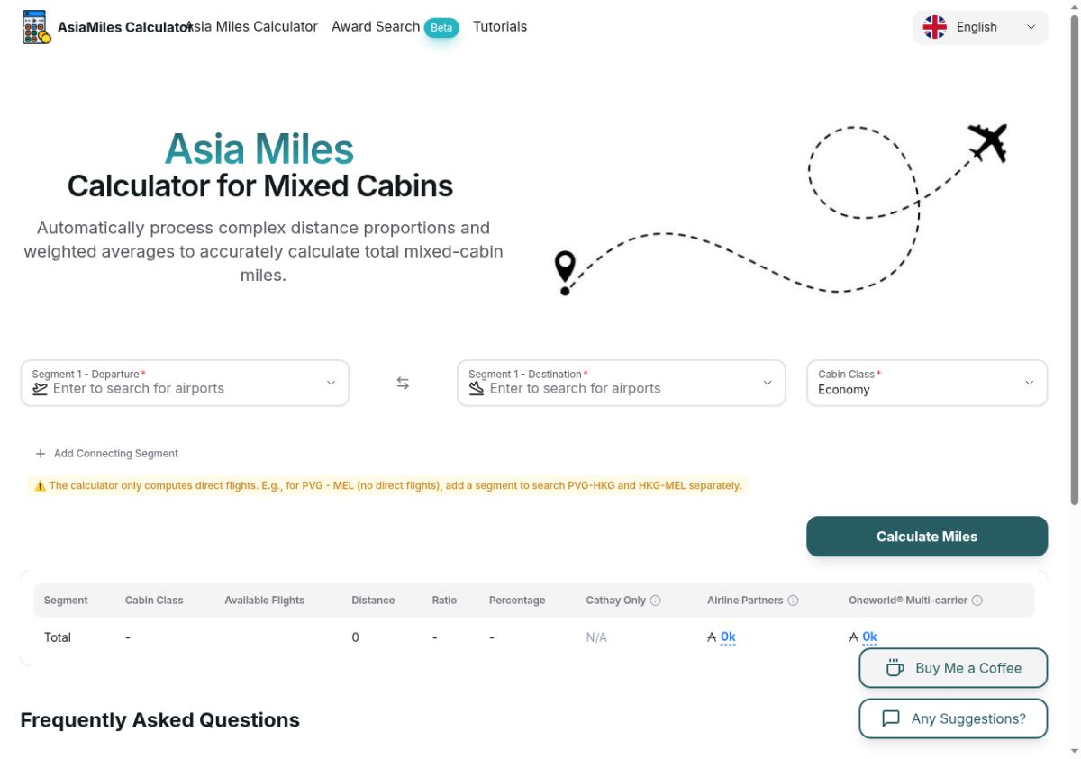 Asia Miles Calculator website screenshot