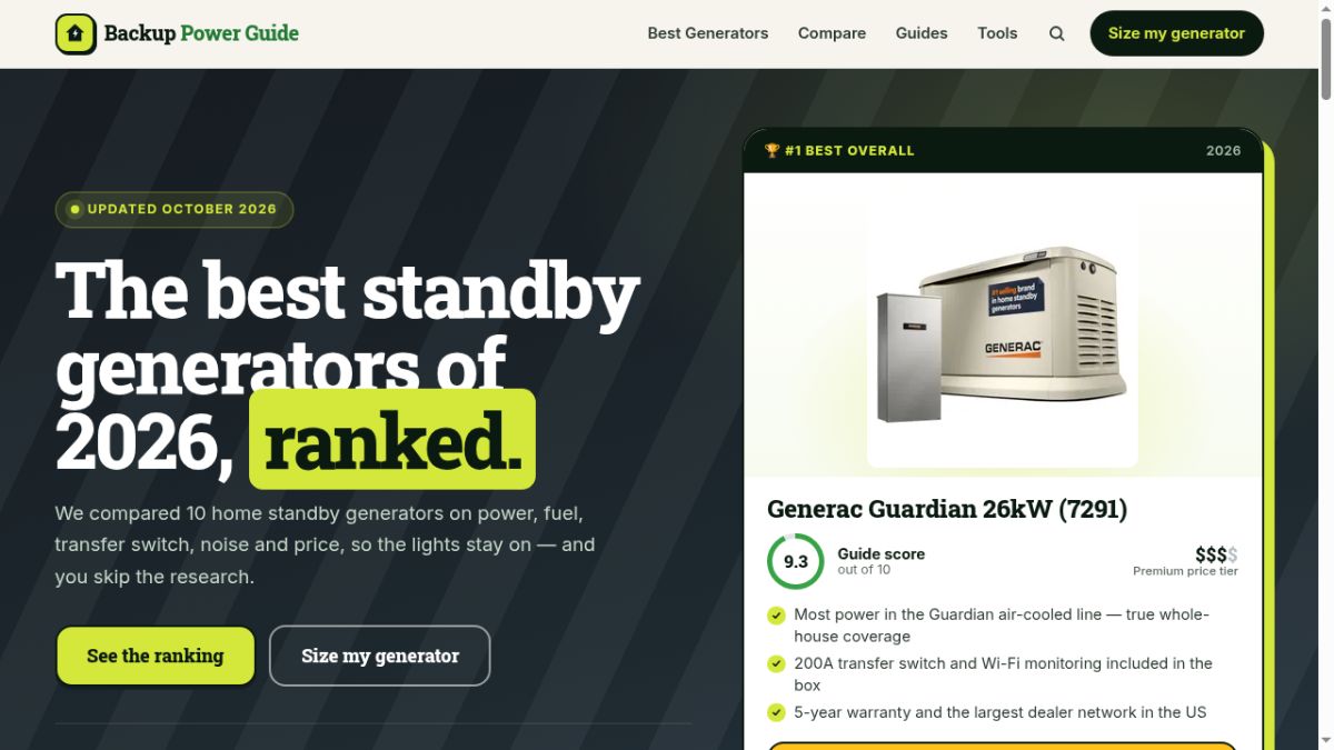 Backup Power Guide website screenshot