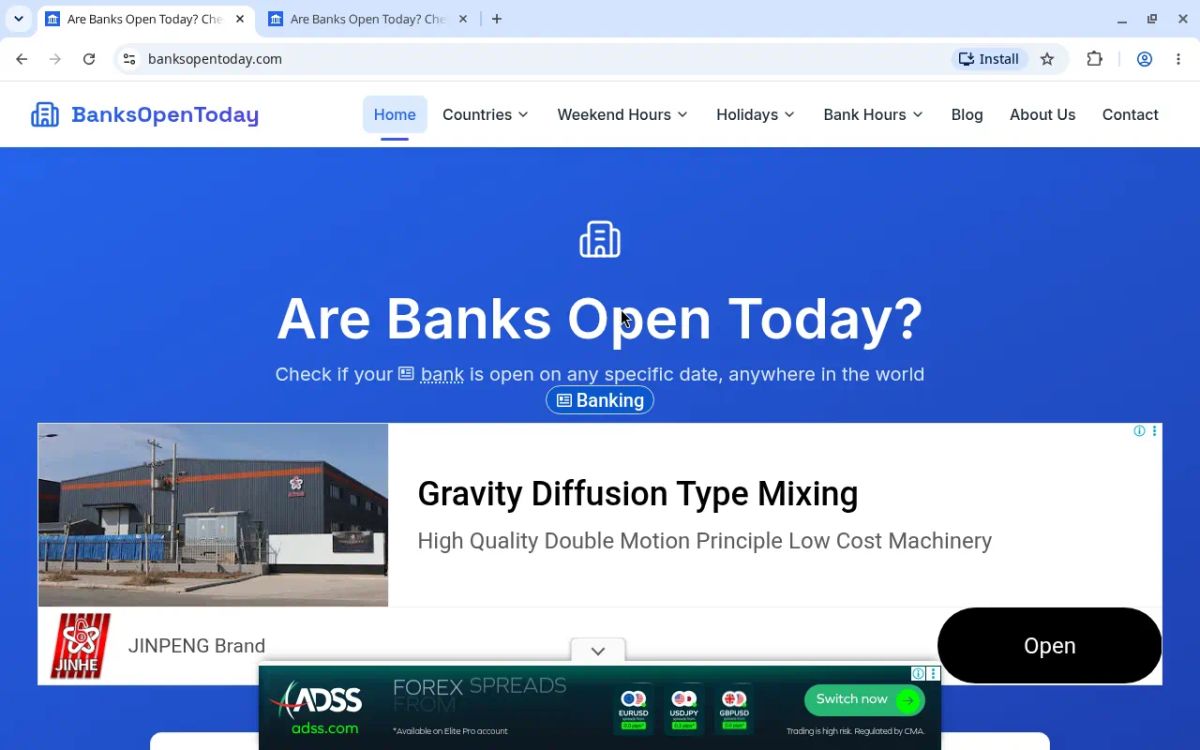 Banks Open Today website screenshot