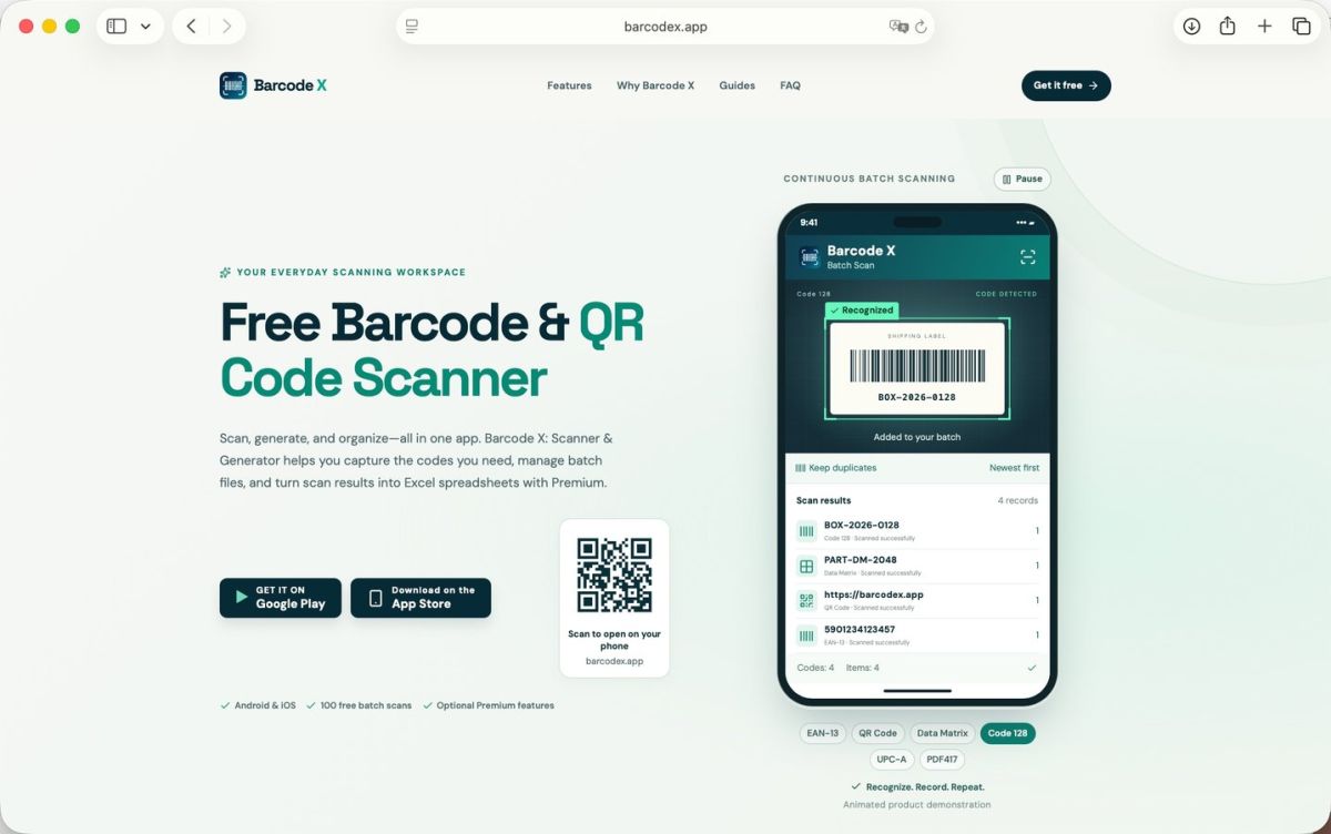Barcode X: Scanner &amp; Generator website screenshot