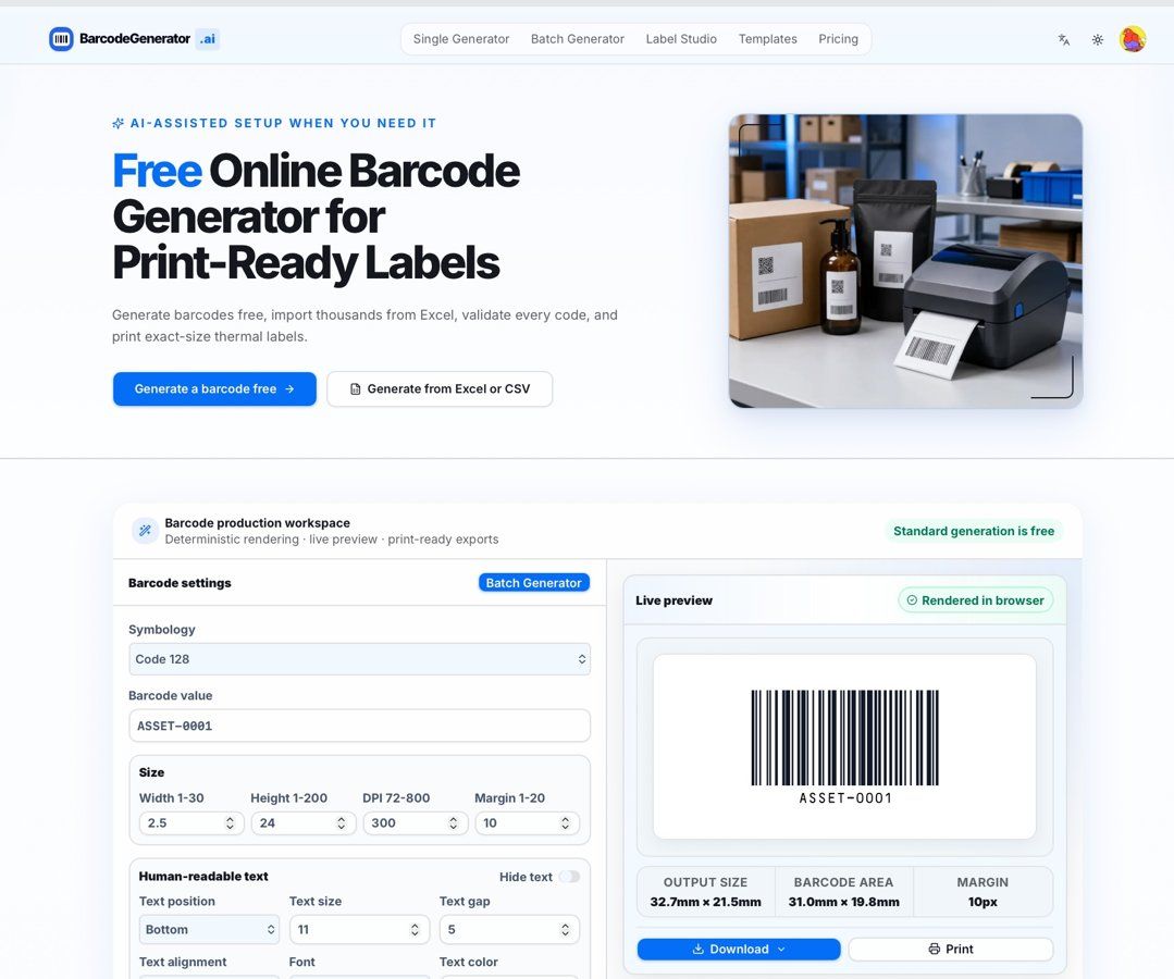 BarcodeGenerator.ai website screenshot