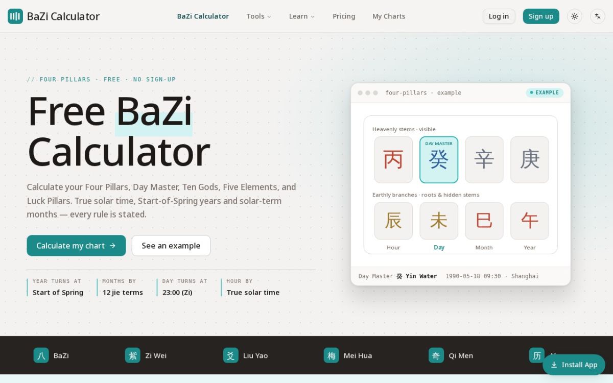 BaZi Calculator website screenshot