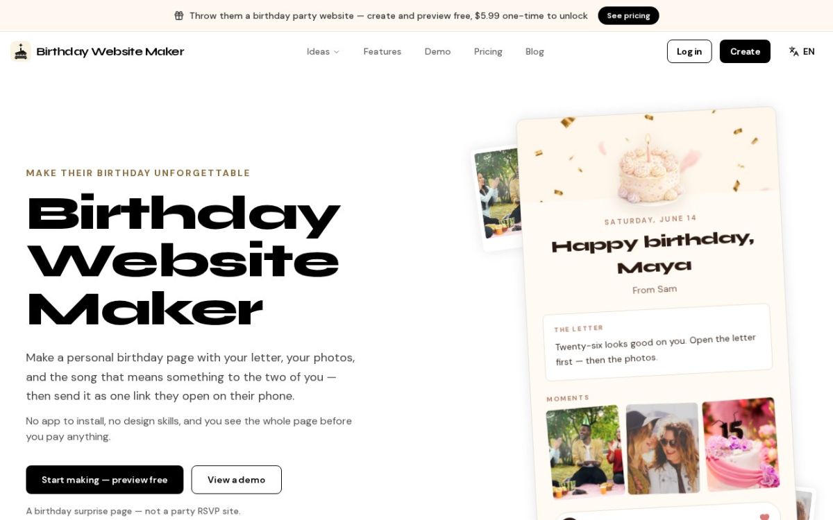 Birthday Website Maker website screenshot