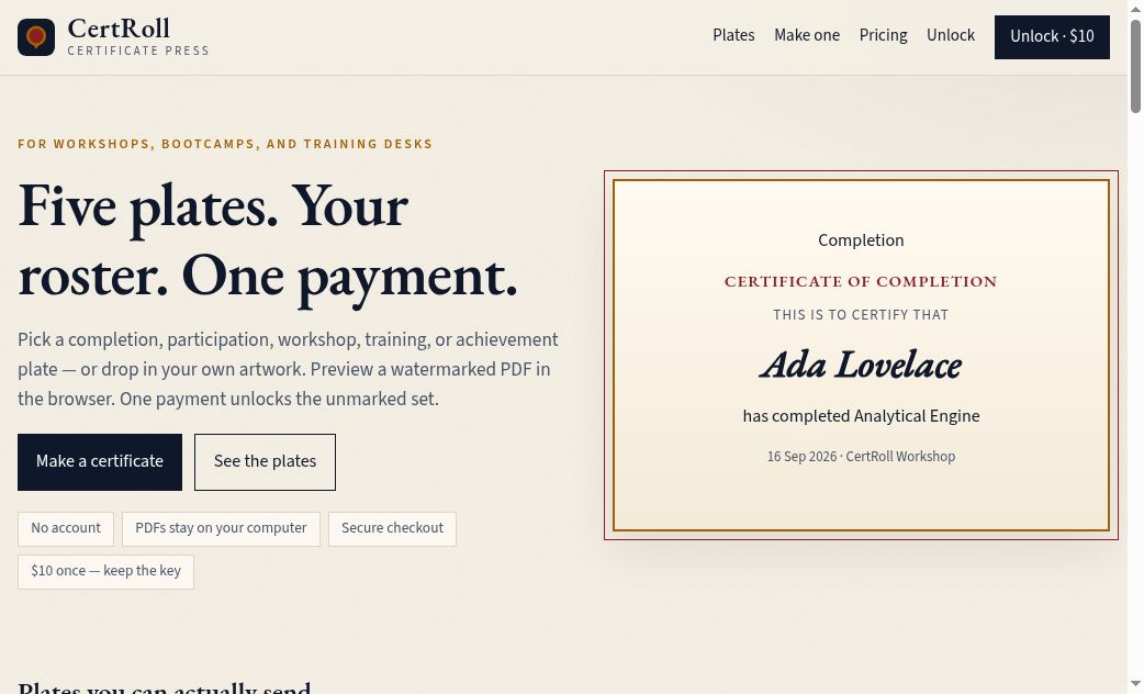 CertRoll — Sendable certificate plates from a CSV screenshot