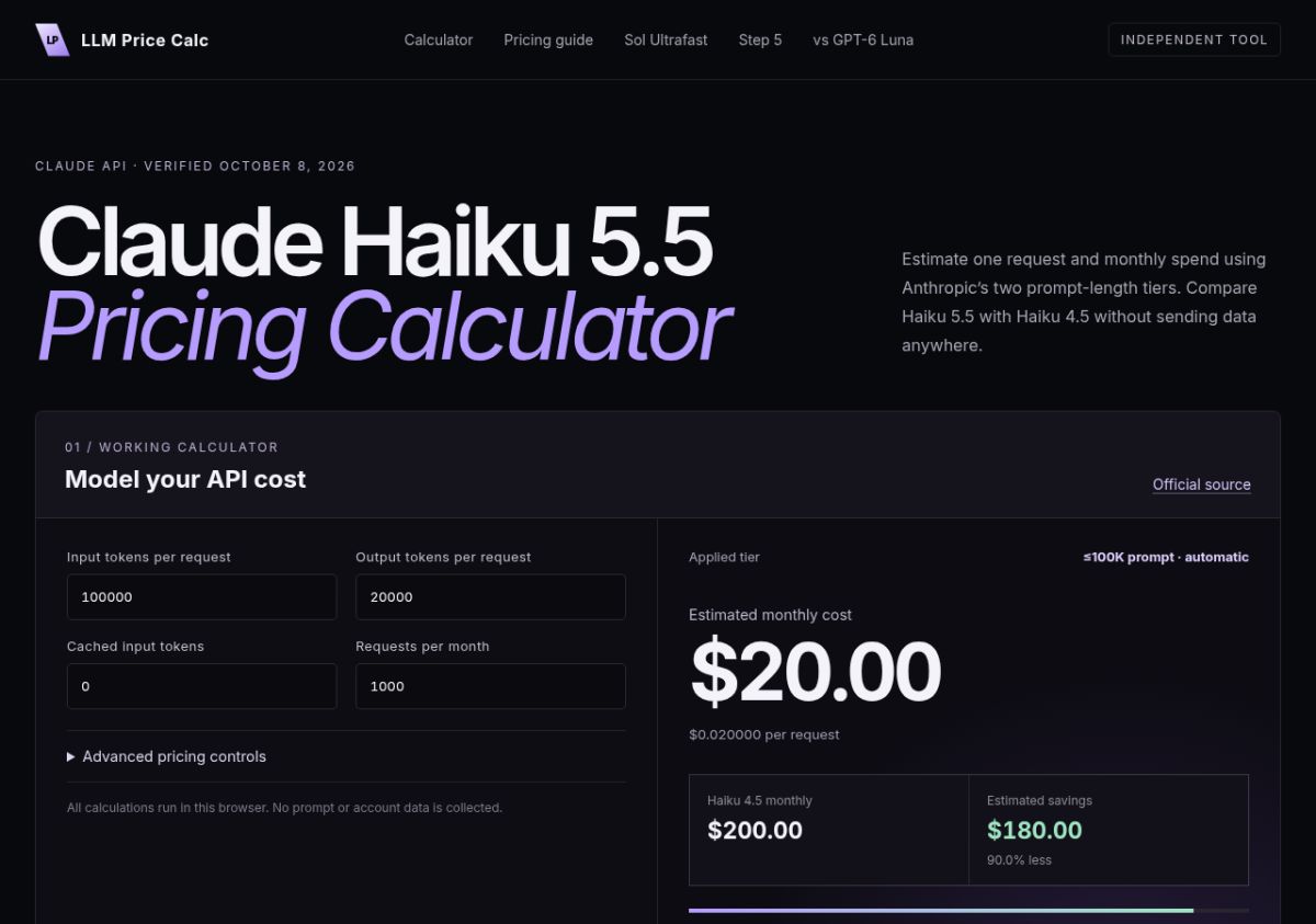 Claude Haiku 5.5 Pricing Calculator screenshot