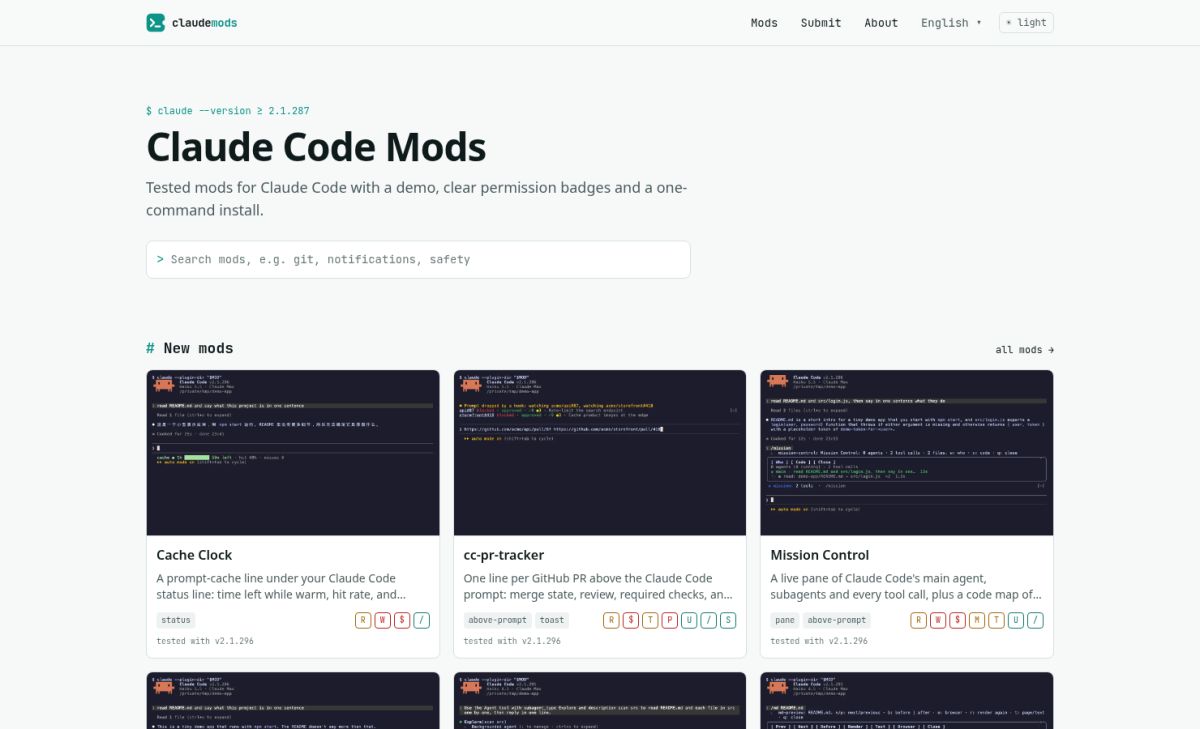 ClaudeMods website screenshot