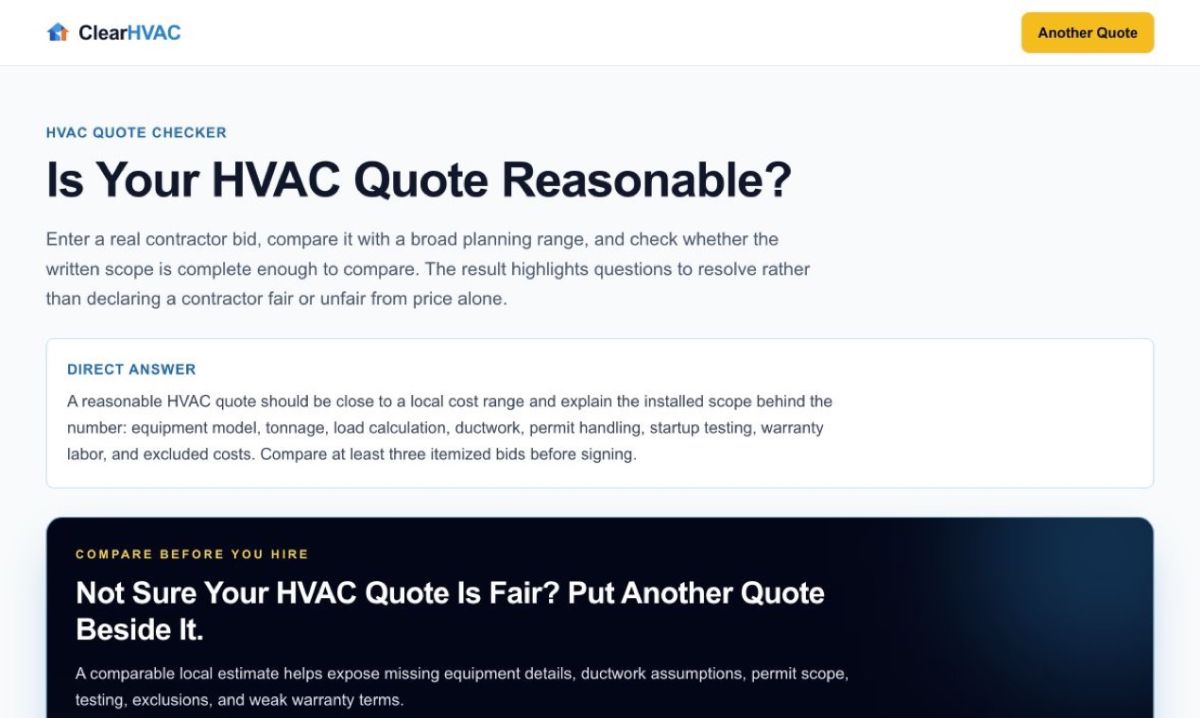 Clear HVAC Costs website screenshot