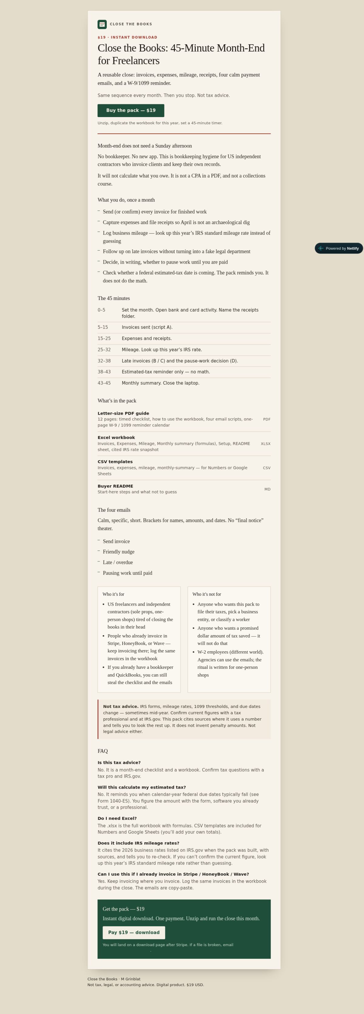 Close the Books: 45-Minute Month-End for Freelancers — $19 website screenshot