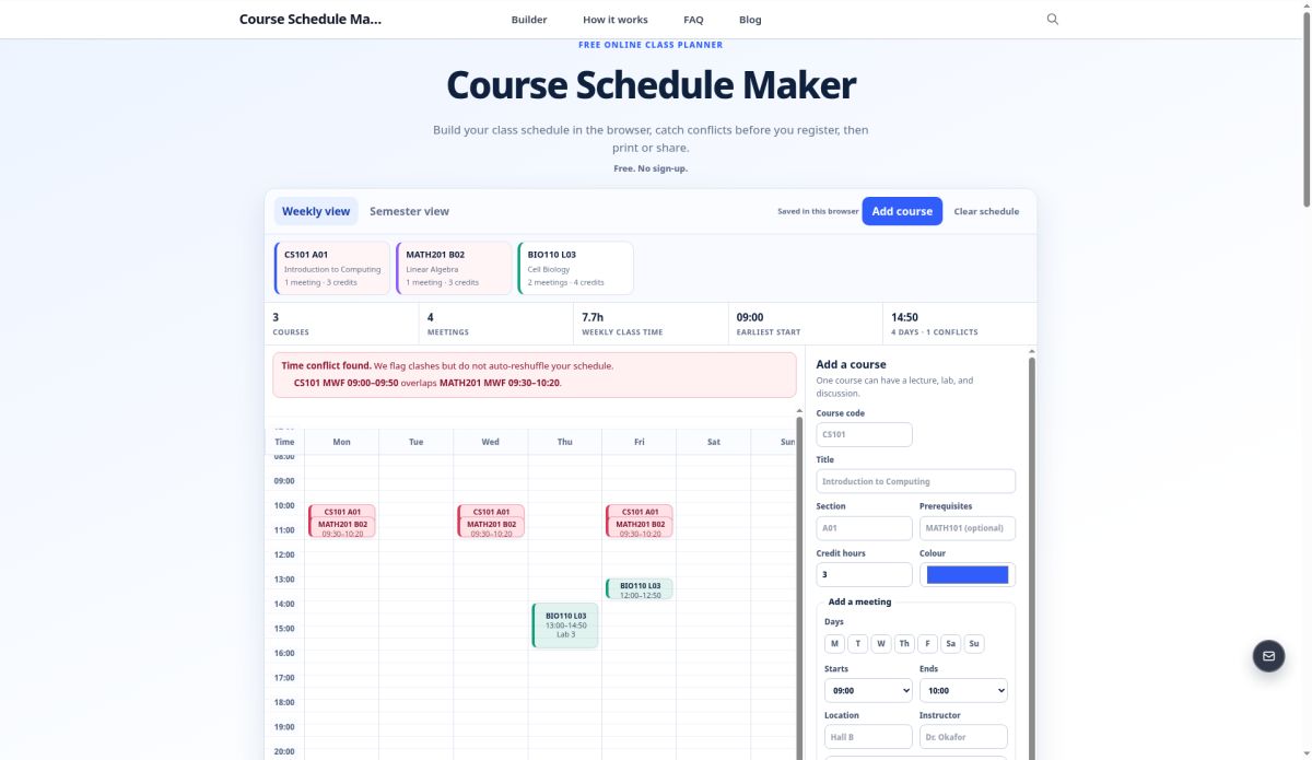 Course Schedule Maker website screenshot