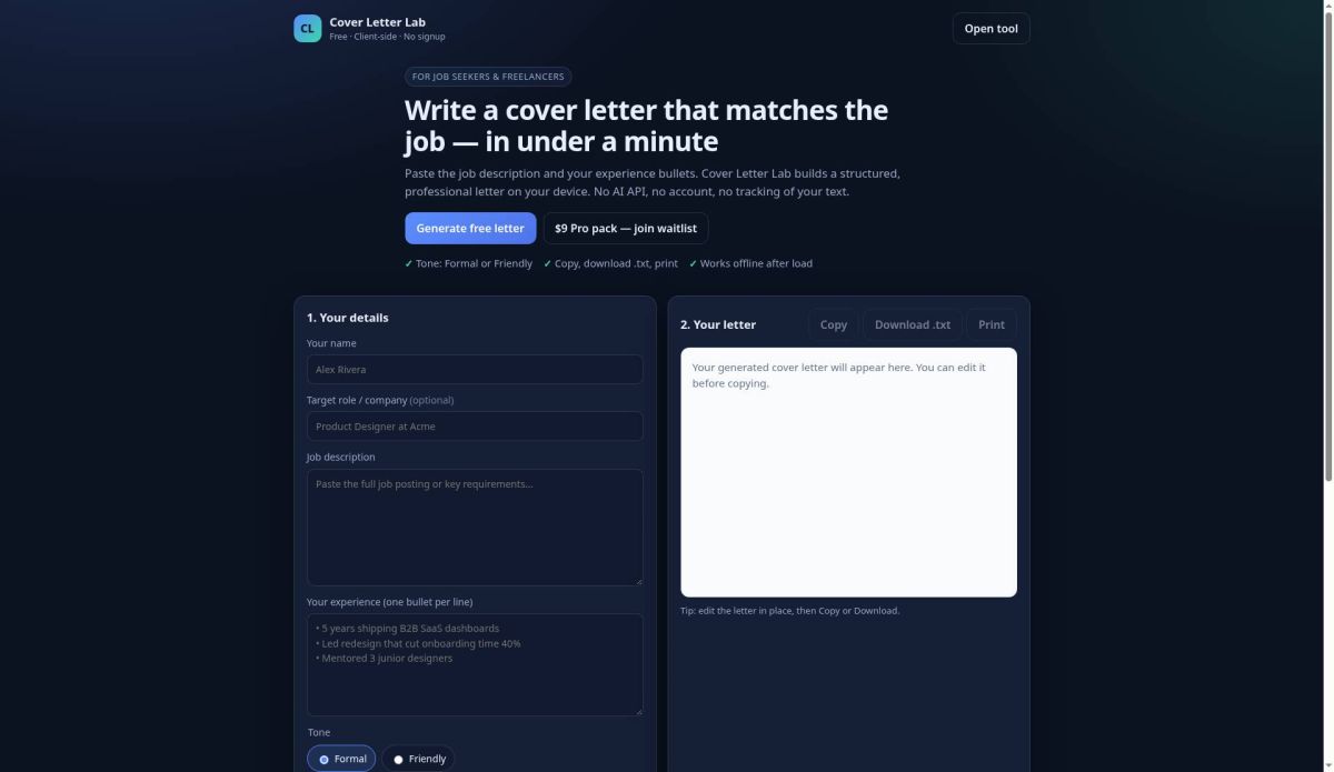 Cover Letter Lab website screenshot