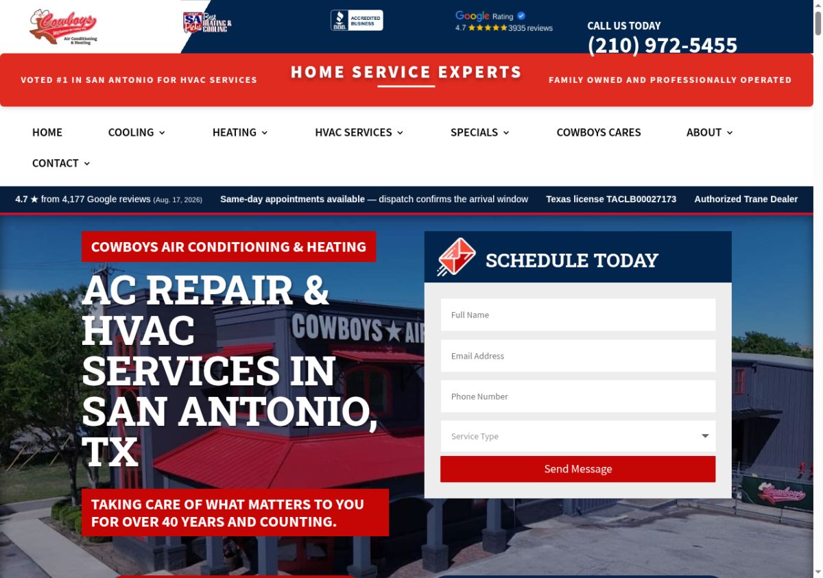 Cowboys Air Conditioning &amp; Heating website screenshot
