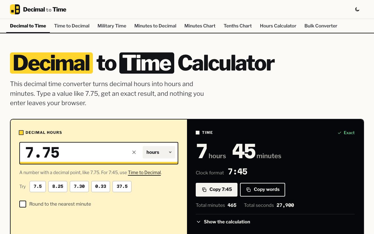 Decimal to Time Calculator - Hours and Minutes Converter screenshot