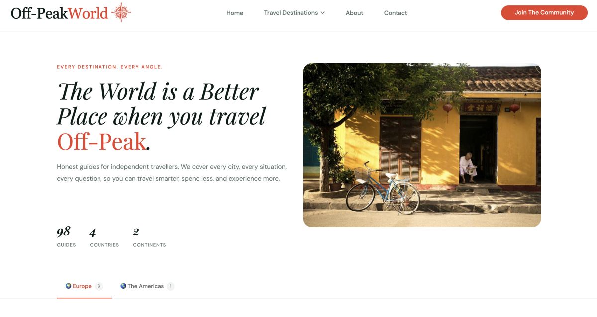 Discover Off-Peak Travel Destinations website screenshot