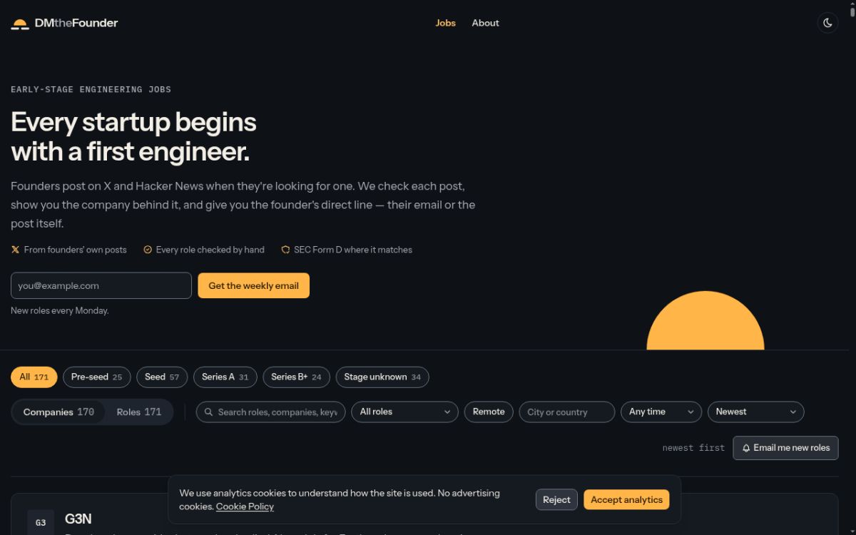 DMtheFounder — Early Engineering Jobs Posted by Founders website screenshot