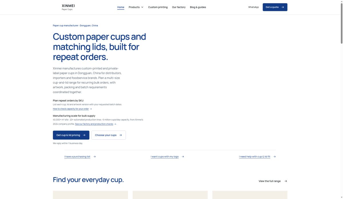 Dongguan Xinmei Paper Cups website screenshot