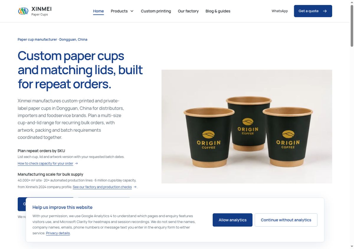 Dongguan Xinmei Paper Products Co., Ltd. website screenshot