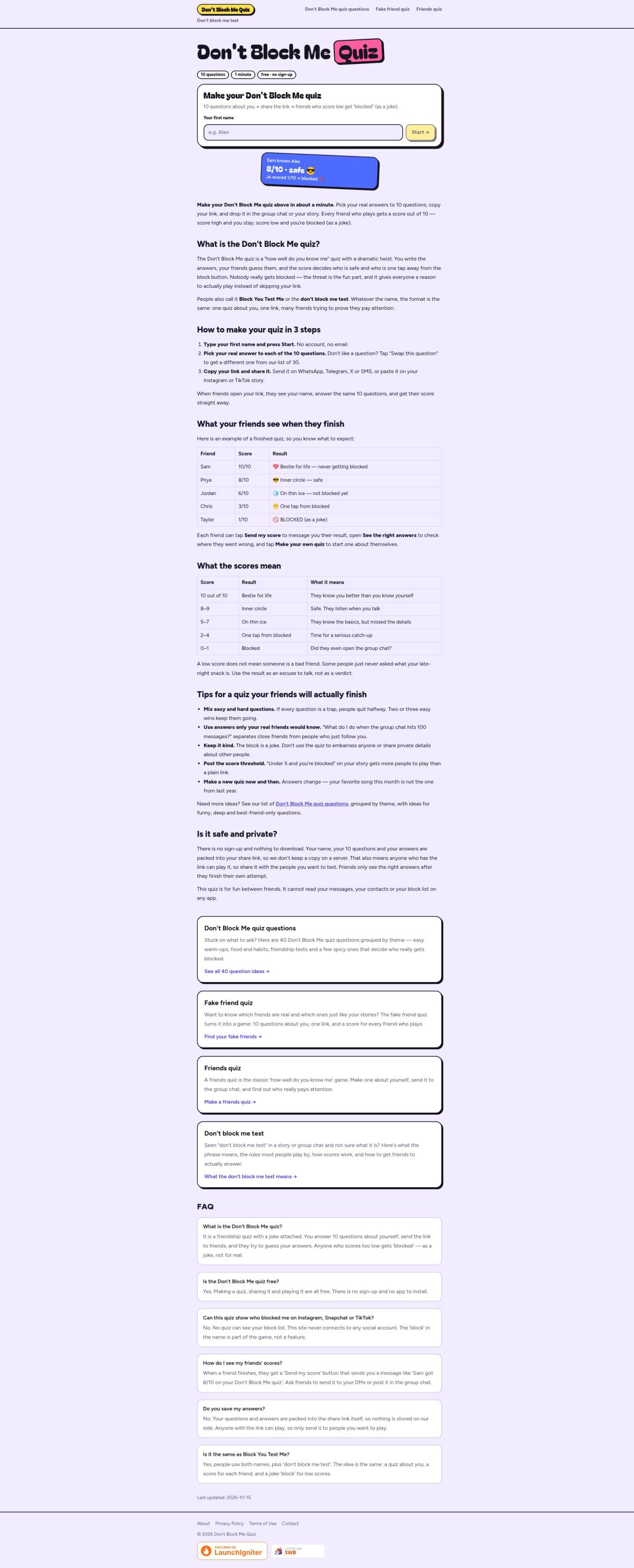 Don't Block Me Quiz website screenshot