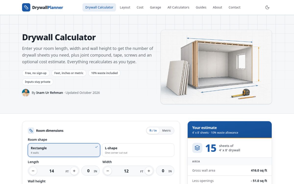 Drywall Planner website screenshot