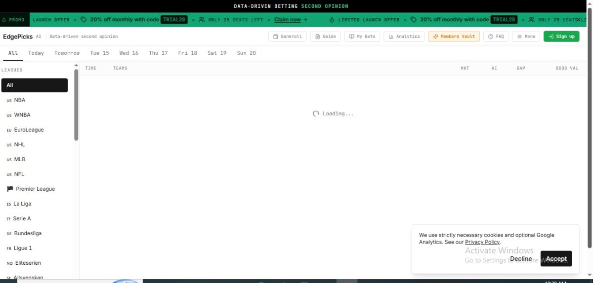 EdgePicks AI — AI Sports Predictions &amp; Betting Analytics website screenshot