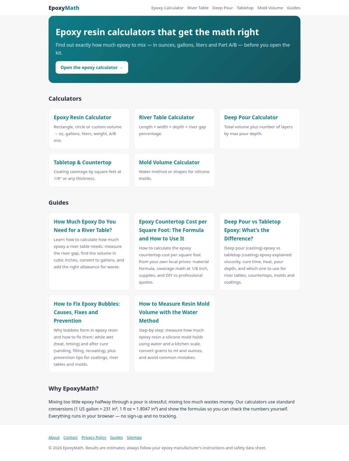 EpoxyMath – Free Epoxy Resin Calculators website screenshot