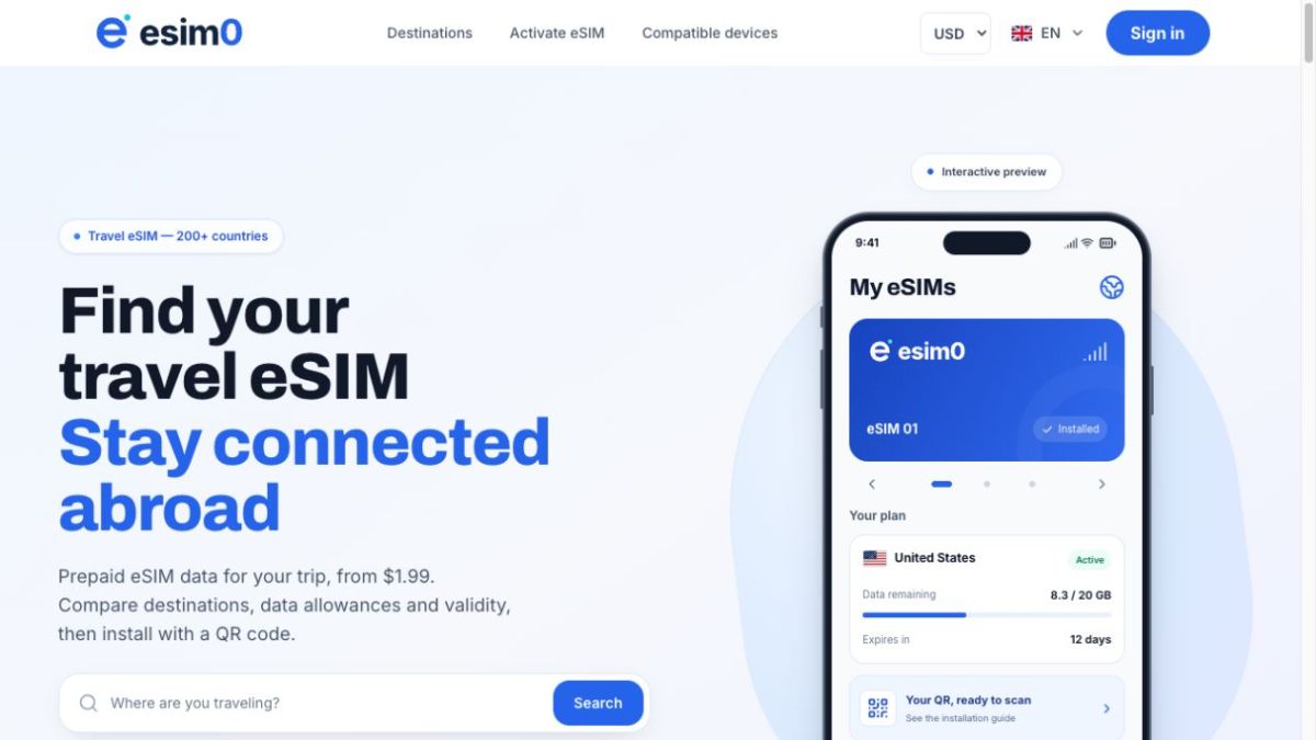 esim0 website screenshot
