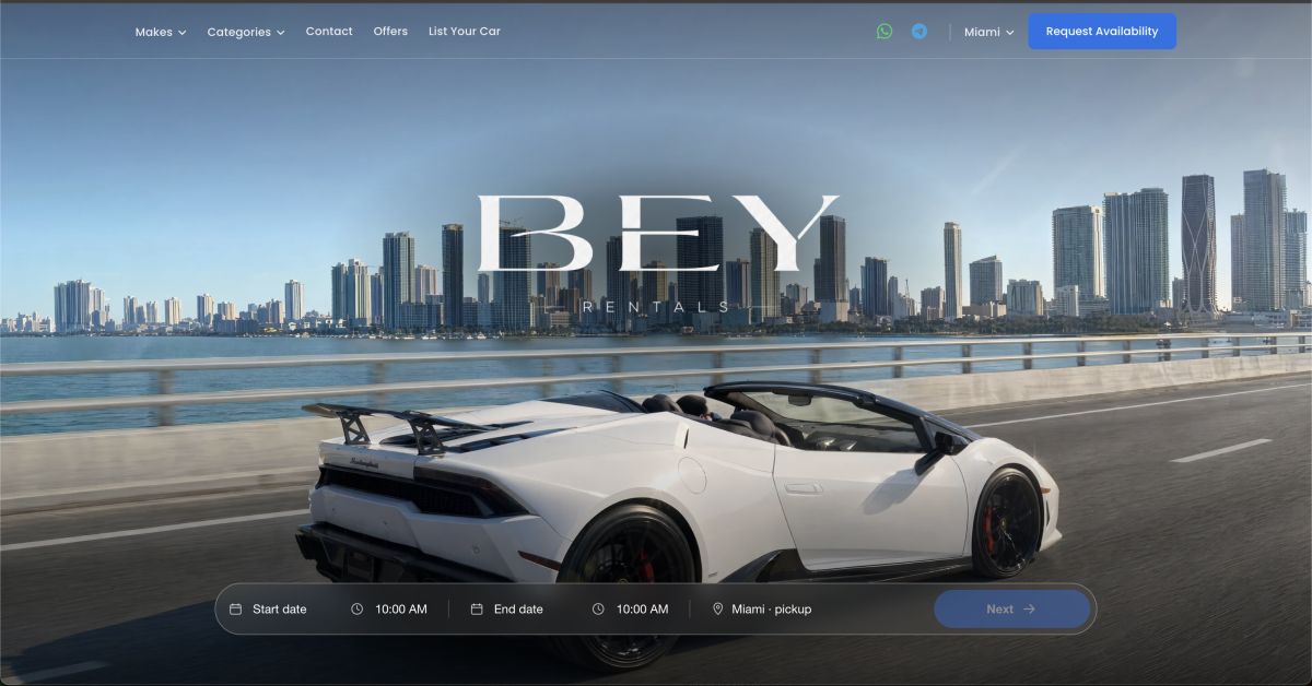 Exotic Car Rental Miami | BEY Rentals website screenshot