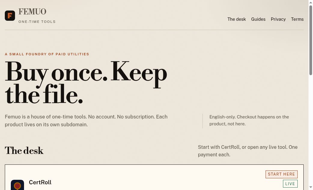 Femuo — One-time software for desks that ship paper website screenshot
