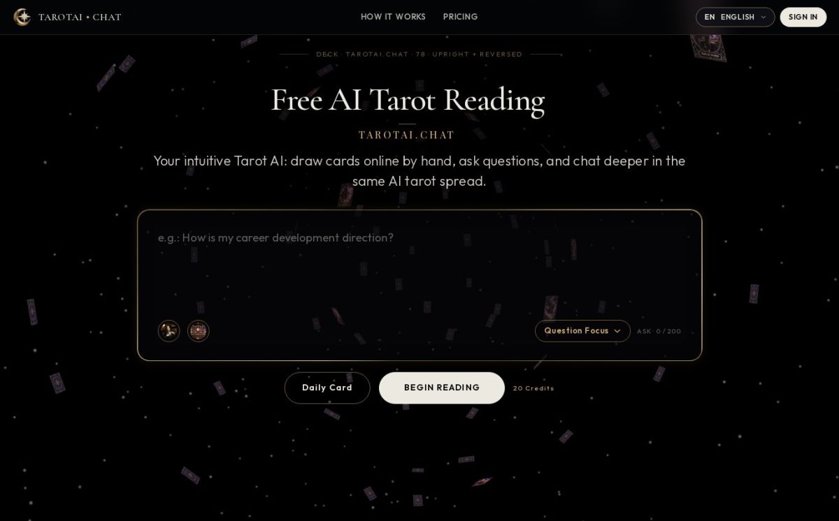 Free AI Tarot Reading &amp; 78 Tarot Cards website screenshot