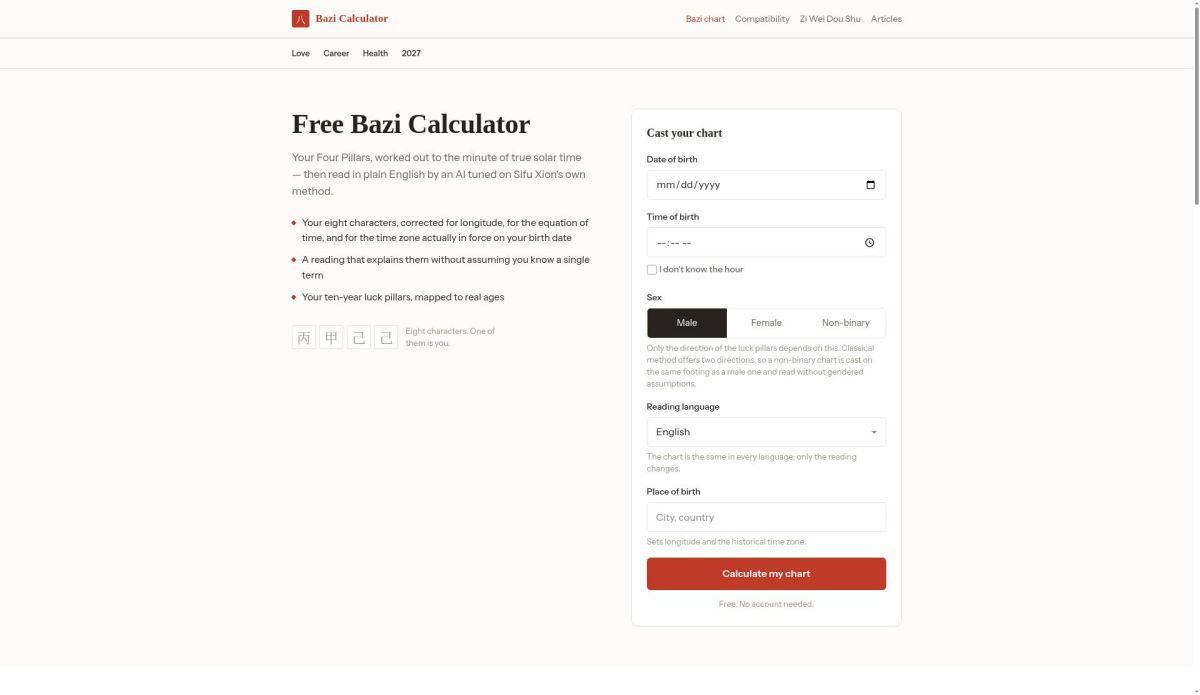 Free Bazi Calculator website screenshot