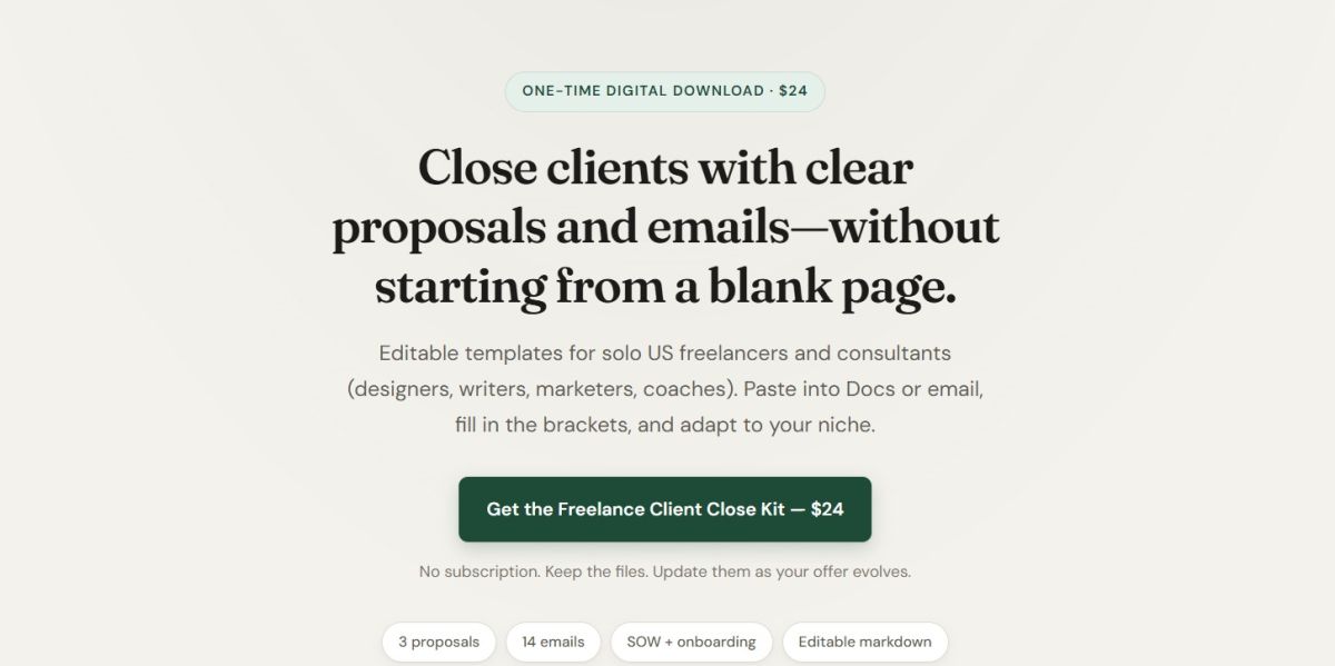 Freelance Client Close Kit website screenshot