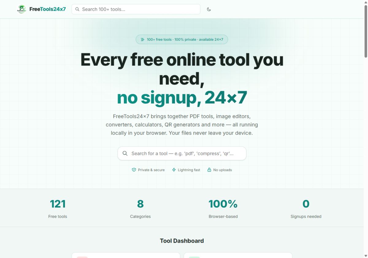 FreeTools24x7 — 100+ Free Online Tools screenshot