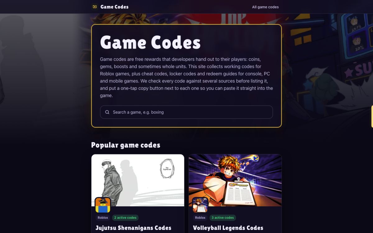 Game Codes website screenshot