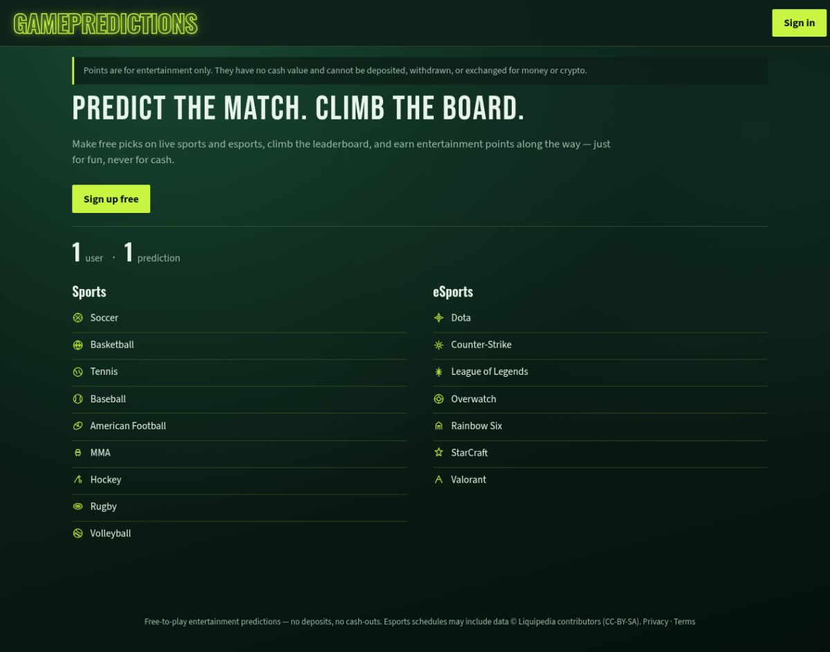 GamePredictions website screenshot
