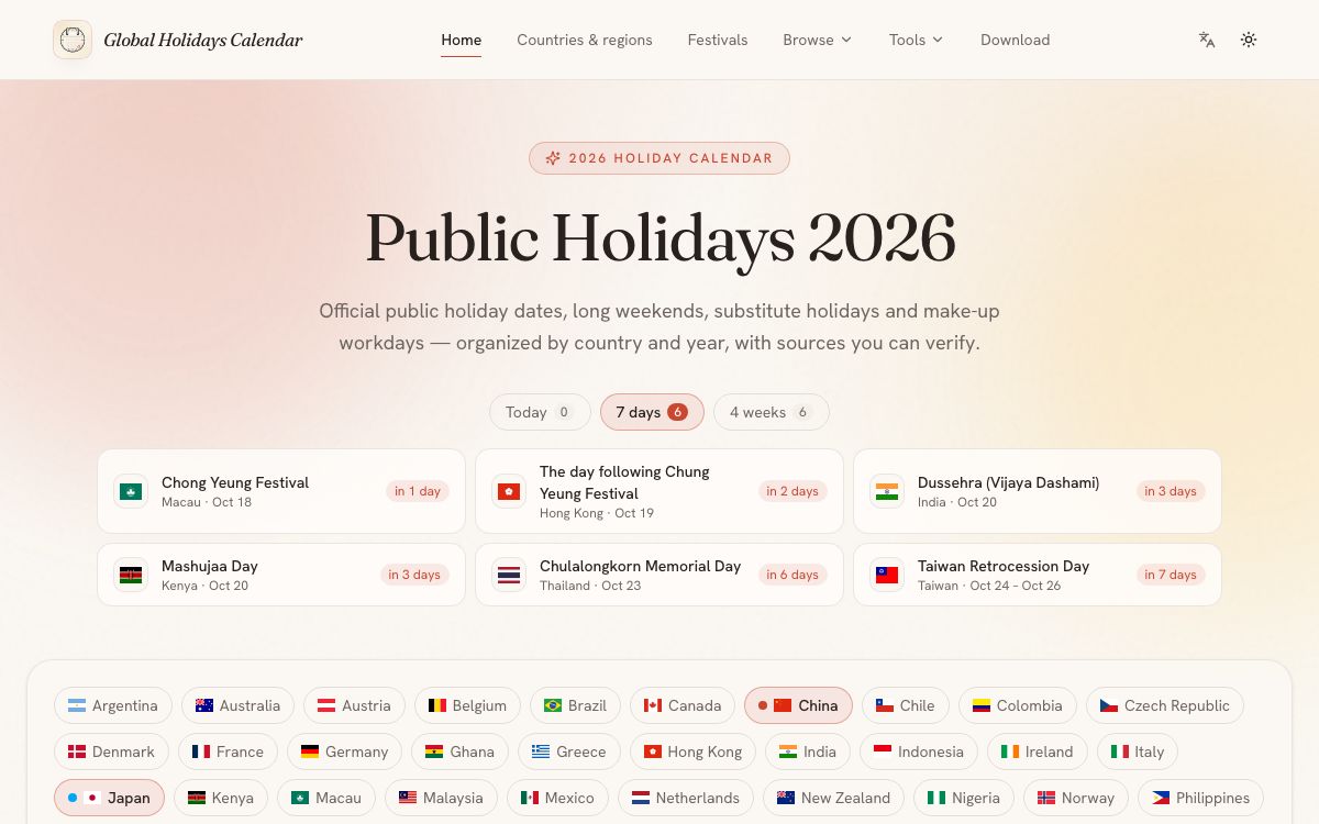 Global Holidays Calendar 2026 - Official Public Holidays by Country screenshot