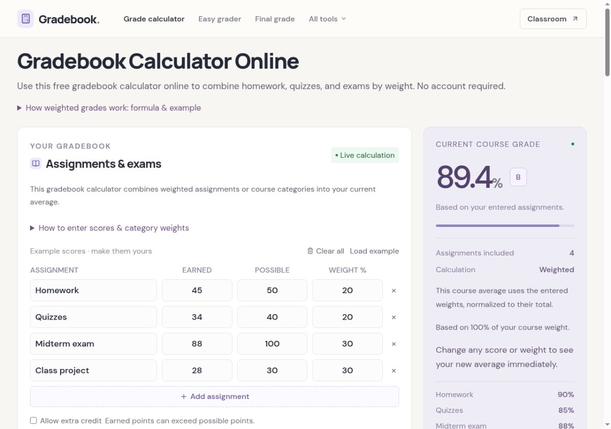 Gradebook Calculator screenshot