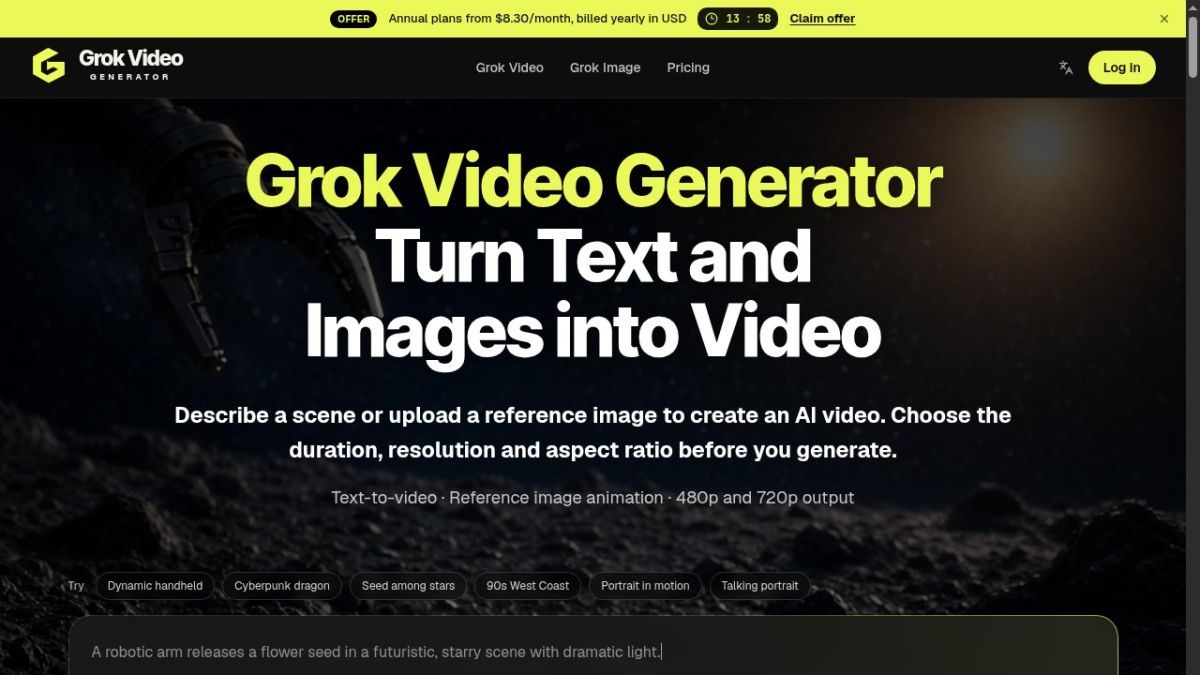 Grok Video Generator website screenshot