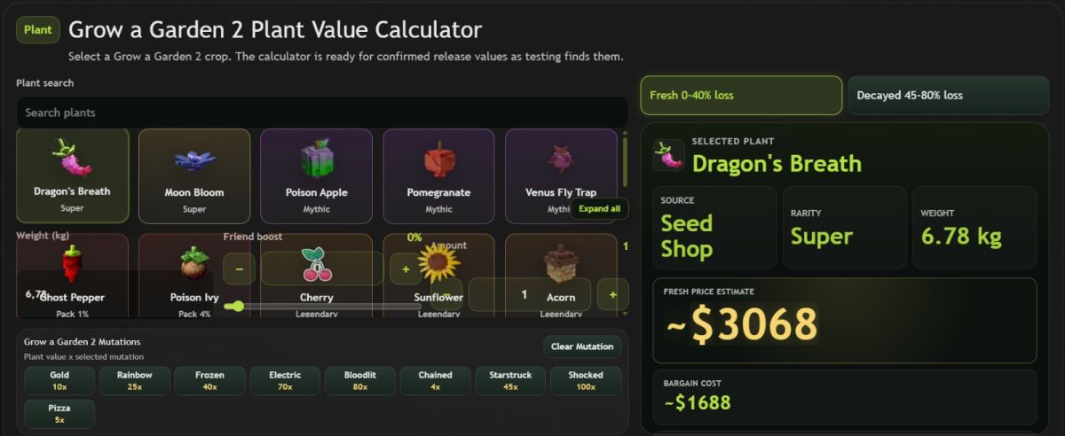 Grow a Garden 2 Calculator website screenshot