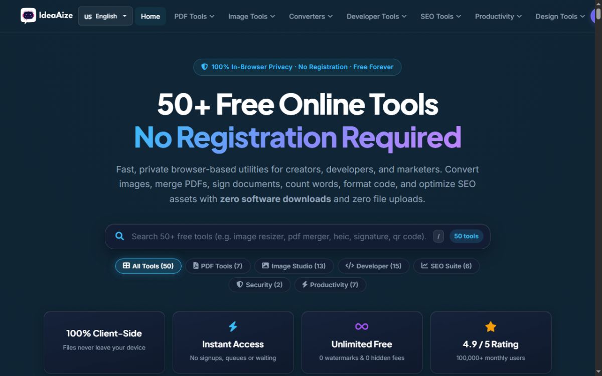 IdeaAize Free Online Tools website screenshot