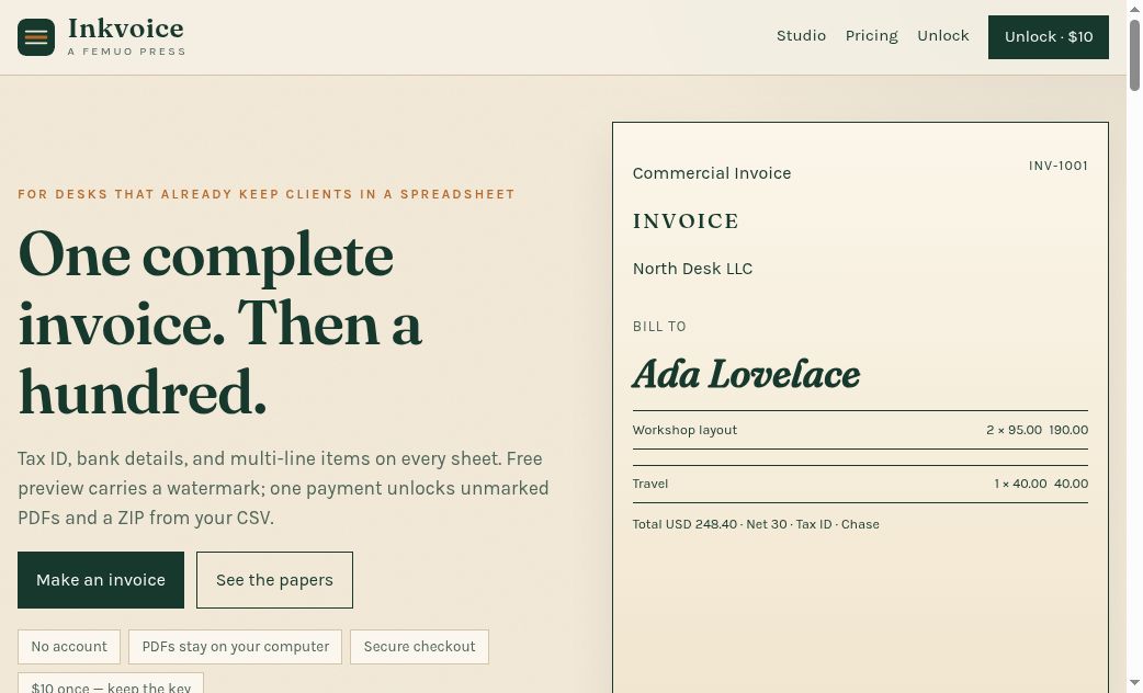 Inkvoice — Sendable invoices from a spreadsheet screenshot