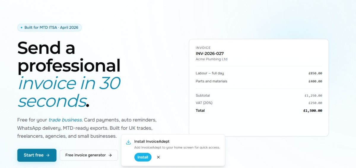 InvoiceAdept website screenshot
