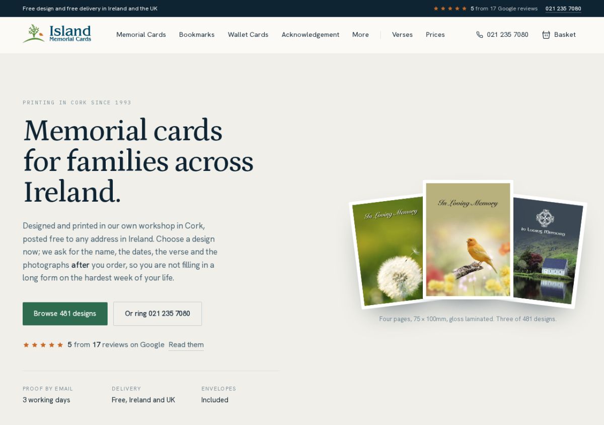 Island Memorial Cards website screenshot