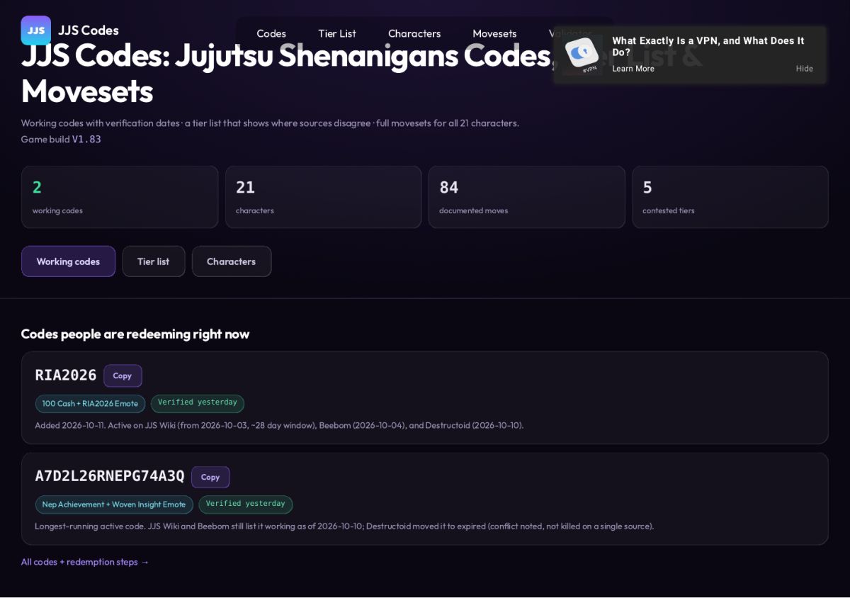 JJS Codes screenshot