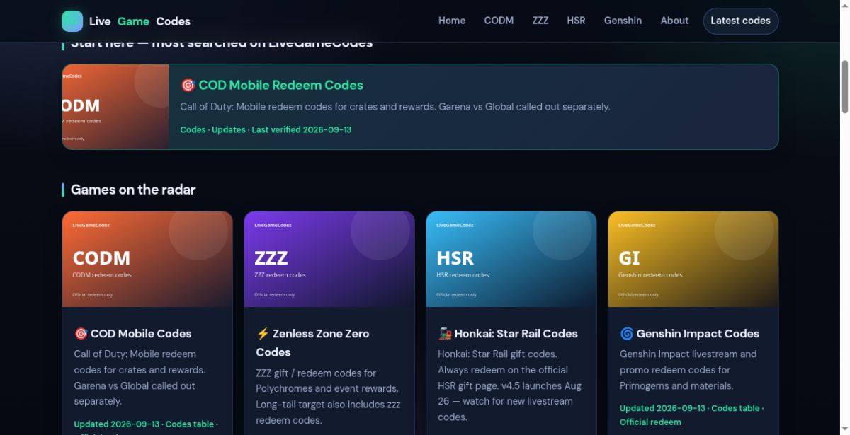 LiveGameCodes website screenshot