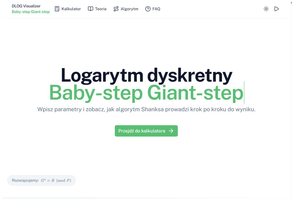 Logarytm dyskretny (DLP) — Baby-step Giant-step website screenshot